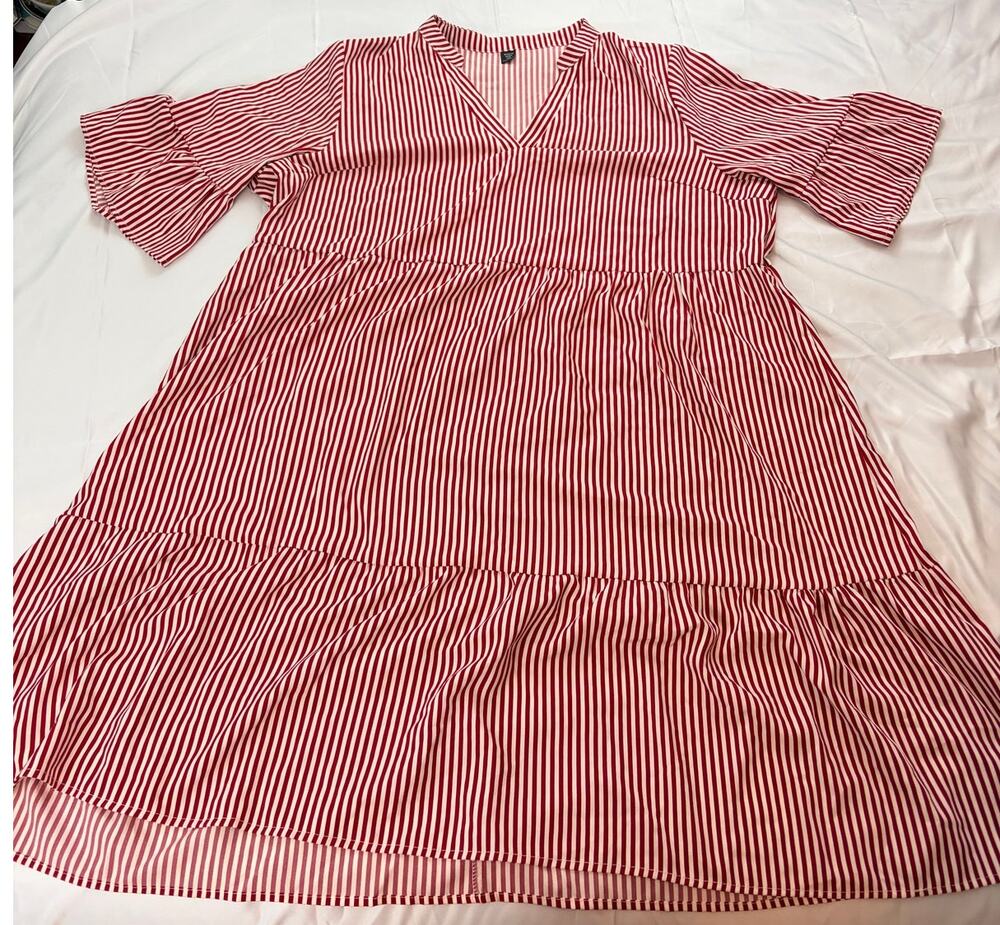 SHEIN Curve Red White Striped Tiered Midi Dress Plus Size 4XL V-Neck